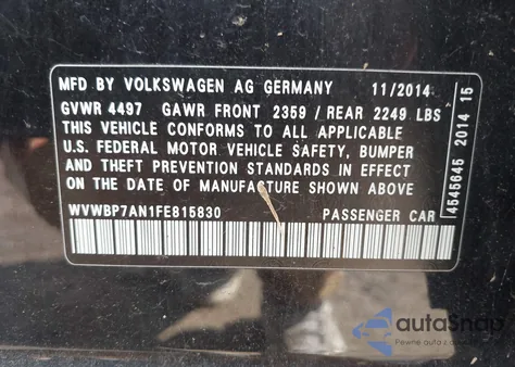 2015 Volkswagen Cc 2.0T Sport from USA, damaged, VIN WVWBP7AN1FE815830